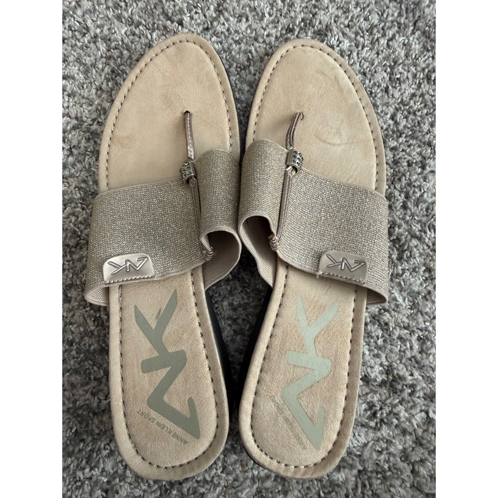 Anne Klein Sport Womens Gold Metallic Elastic Wedge Thong Sandals Size 8.5 M